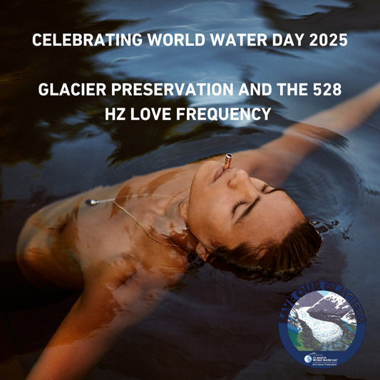 Person floating in dark water with a metal straw in their mouth, eyes closed. Text: 'Celebrating World Water Day 2025 – Glacier Preservation and the 528 Hz Love Frequency'. A 'Save Our Glaciers' logo is in the bottom right.