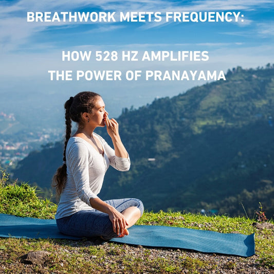 Woman practicing pranayama breathing exercise outdoors on a yoga mat in nature, with lush green mountains in the background and the text 'Breathwork meets frequency: How 528 Hz amplifies the power of pranayama